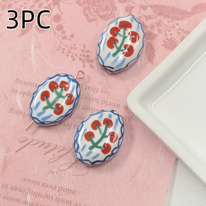 Hand Drawn Painted Fruit Vintage Ceramic Beads, 3pcs
